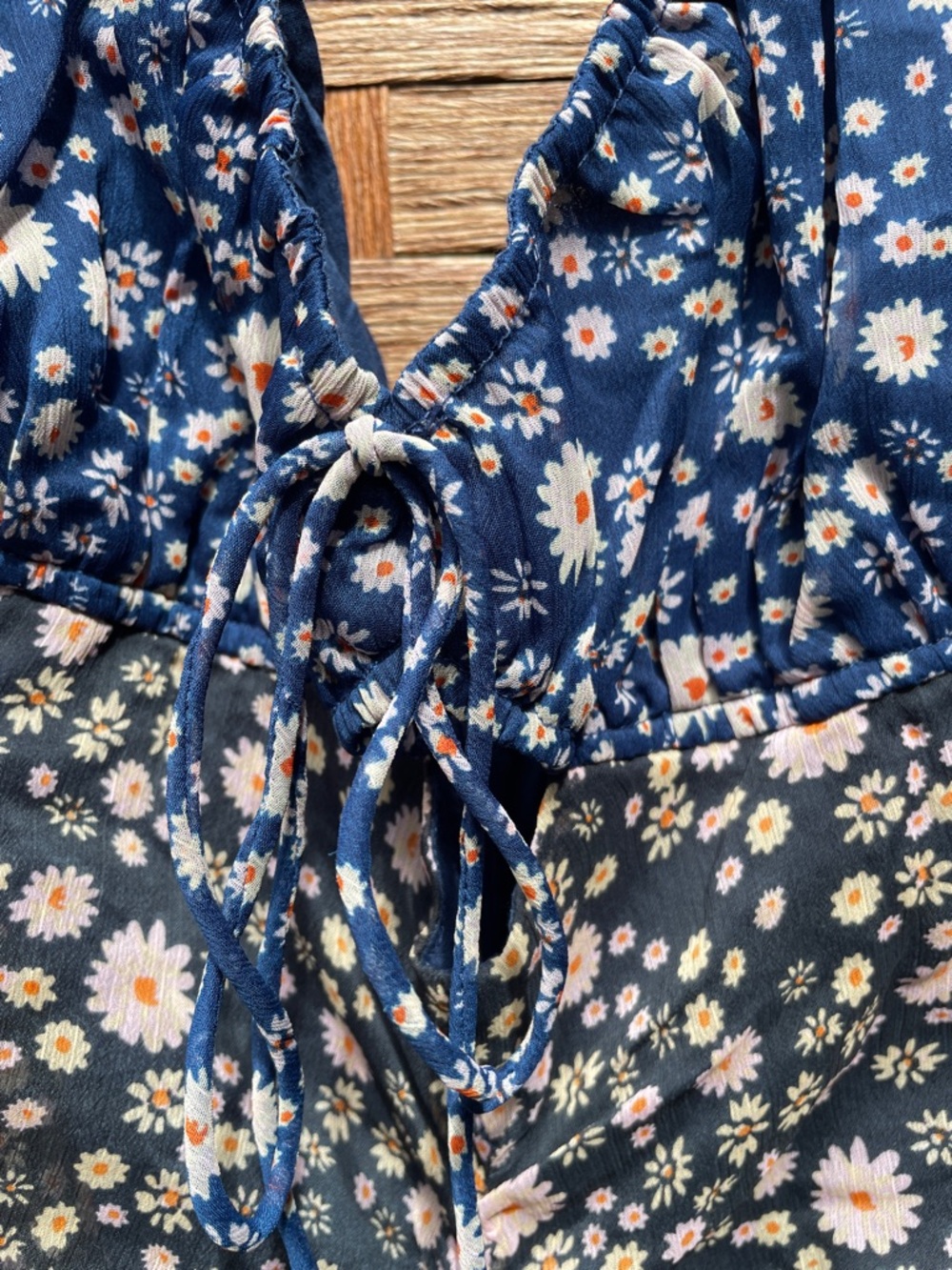 Free People Floral Puff-Sleeve Navy Women’s Ruched Dress Top - Picture 6 of 10